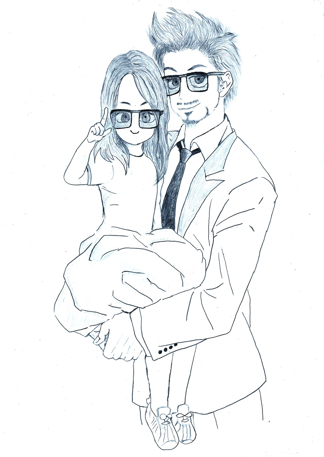 Pencil sketch of a father carrying his daughter