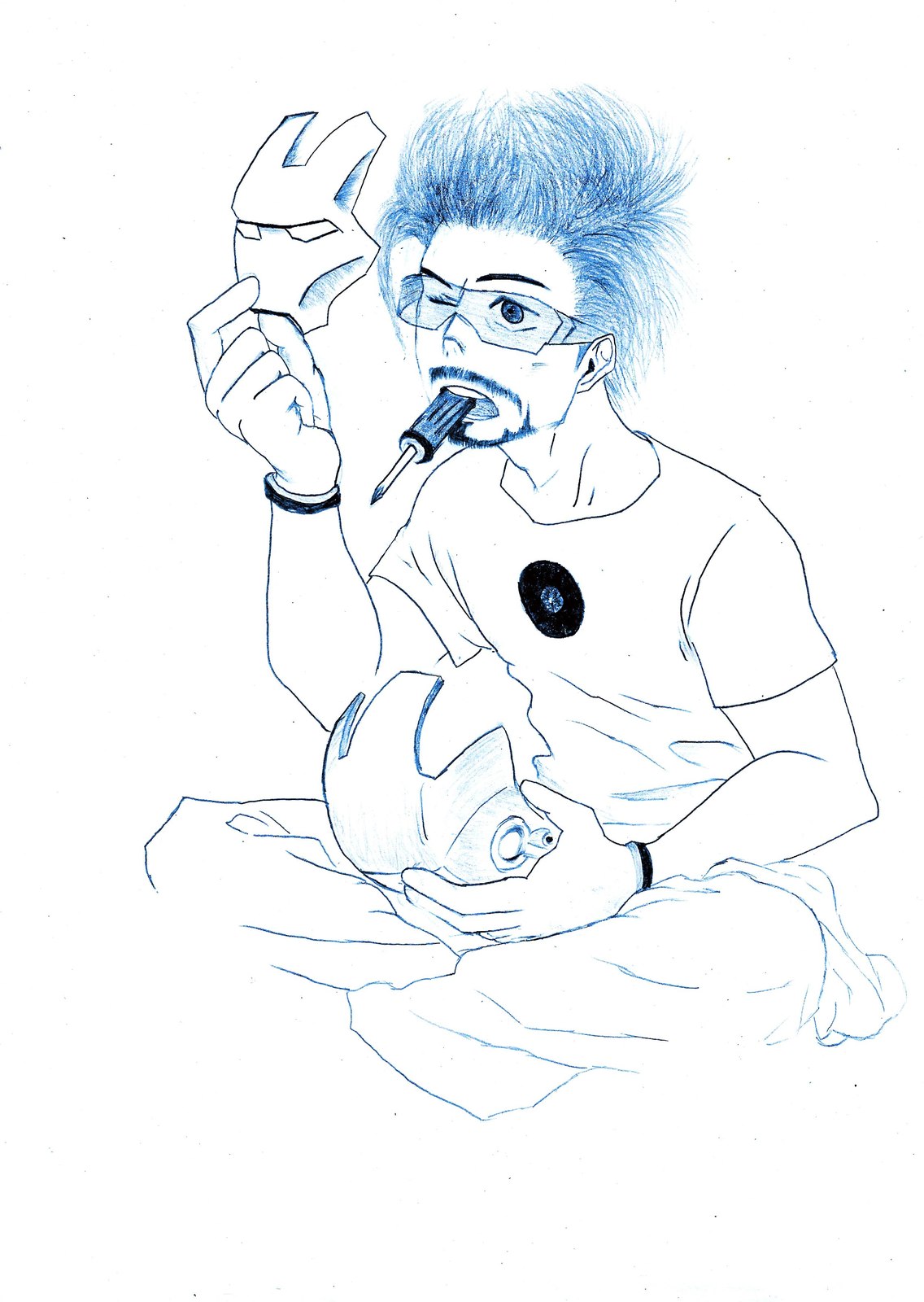 Pencil sketch of a person holding an Iron Man mask