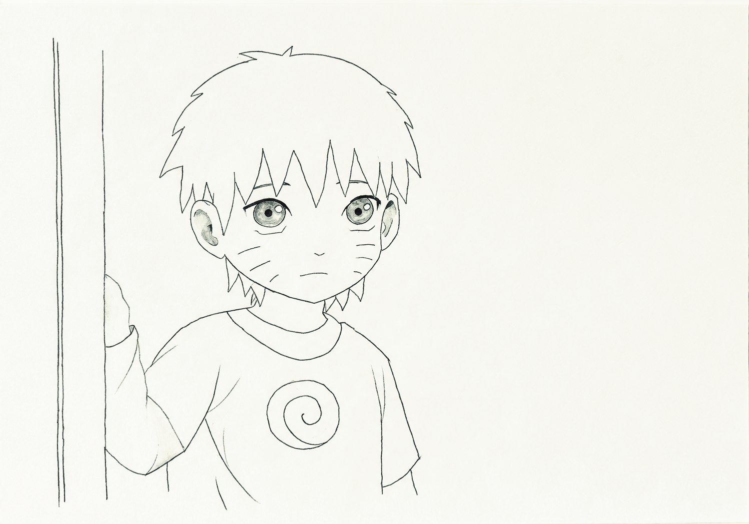 Line art sketch of a young Naruto character