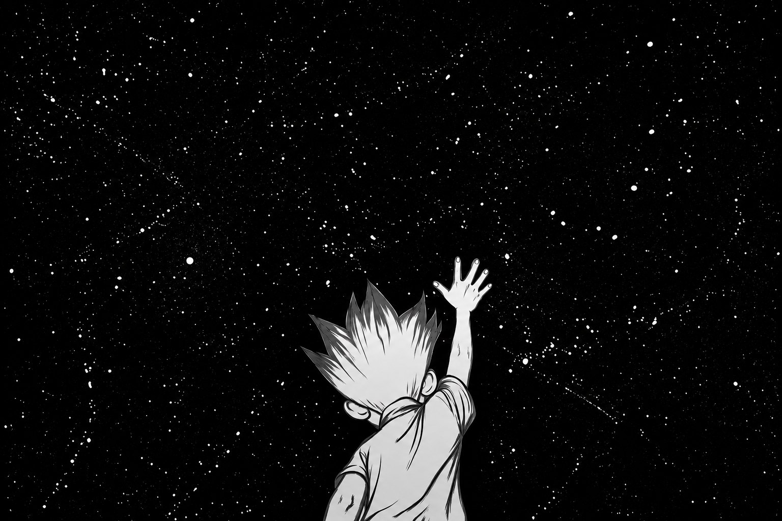 Illustration of a figure reaching up at a starry night sky