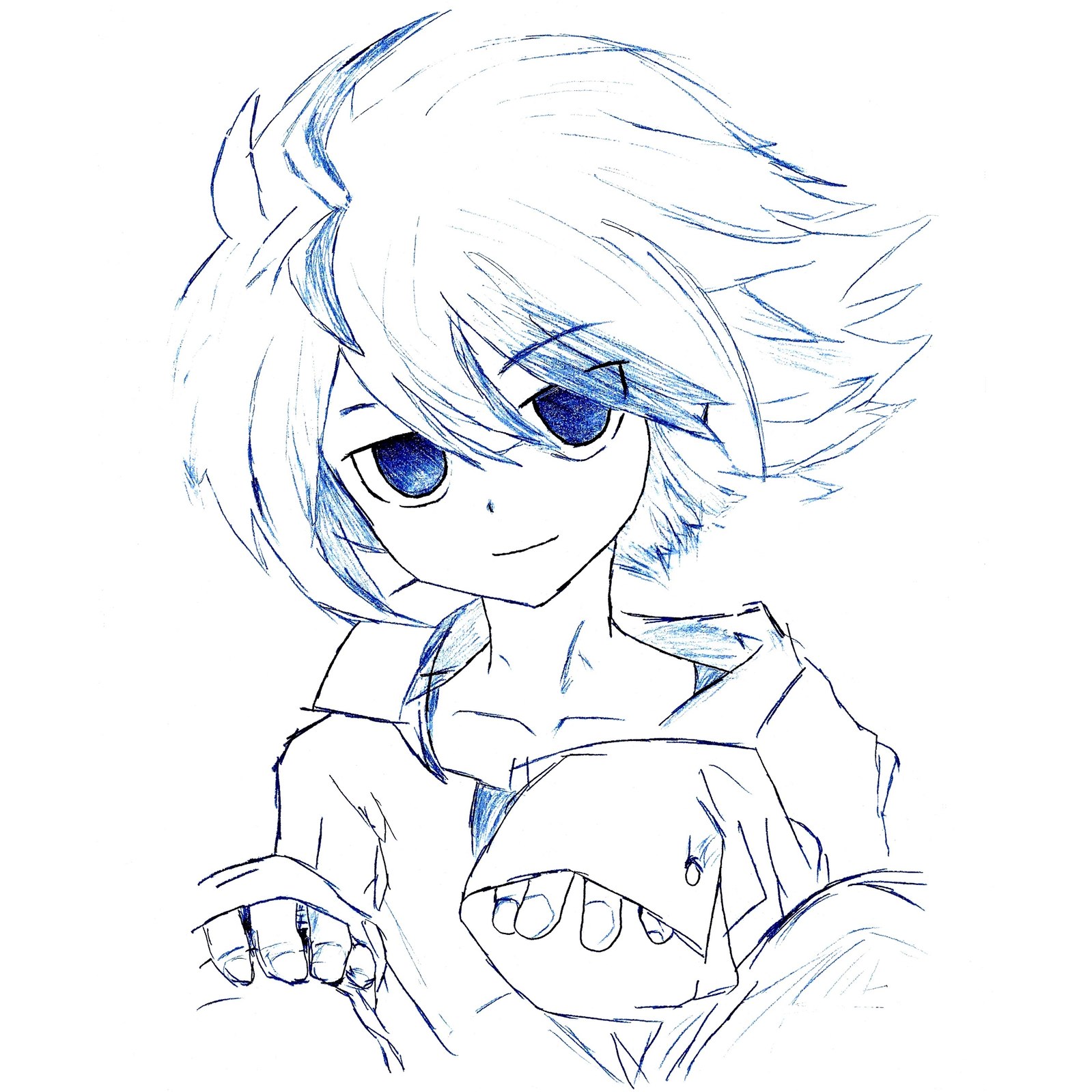 Pen sketch of a character with windswept hair